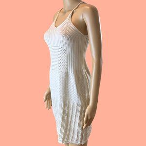 Womens Ribbed Beach Slip Dress Large L Ivory Crochet Stretch Knee Length Eyelet
